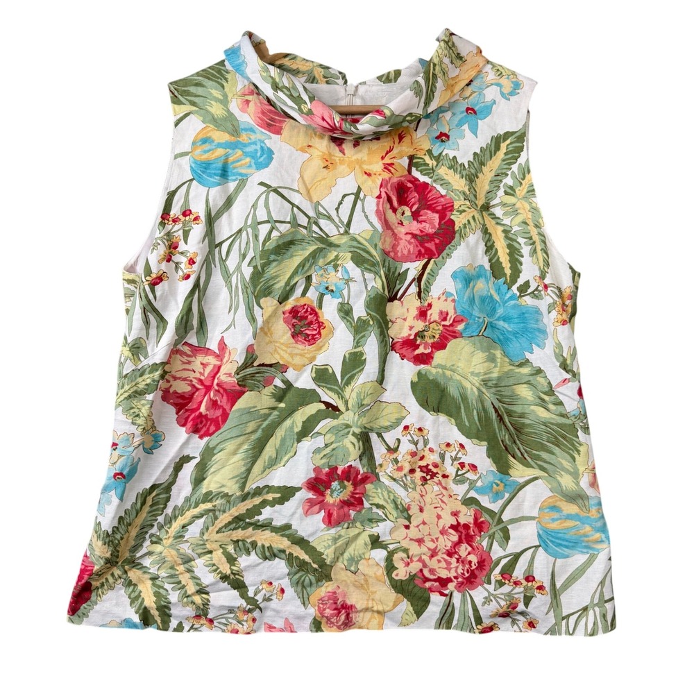 Jones New York Country Linen Blend Floral Roll Neck Sleeveless Blouse Top